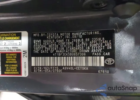 2011 Toyota Camry Se из США, поврежденный, VIN 4T1BF3EK5BU657306